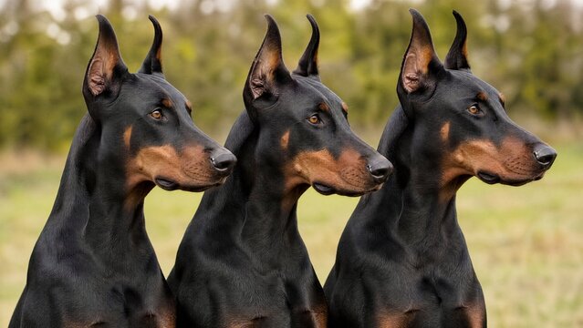 Three Doberman dogs turning heads in synchronization, natural outdoor dog photography.