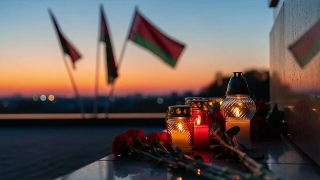 Memorial candles and red carnations on stone monument at sunset, solemn remembrance ceremony, tribute to fallen heroes, national mourning concept, commemorative background