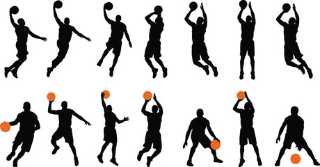 Dynamic Basketball Player Silhouettes Collection Featuring Dunking, Jump Shots, Dribbling, and Action Poses for Sports Design. © MdMonjurul