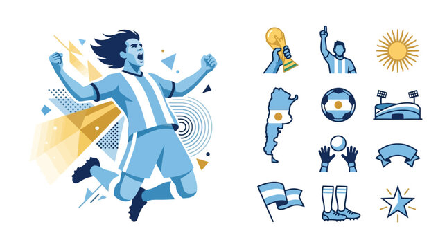 Flat vector illustration of a celebrating Argentine soccer player in a blue and white striped kit accompanied by a set of football icons including a trophy, stadium, and map.