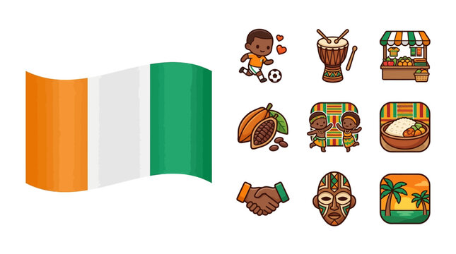 Flat vector illustration featuring the flag of C&ocirc;te d'Ivoire and icons representing Ivorian culture like soccer, cocoa, traditional dancing, djembe drum, and tribal mask.