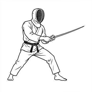 Kendo Swordsmanship Martial Arts Armor Vector Illustration, Traditional Japanese Sword Training Combat Stance Line Art Graphic