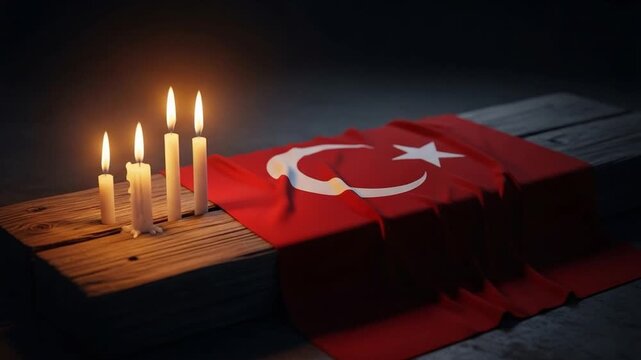 Turkish flag draped over a wooden coffin with lit candles for a memorial service, representing national mourning, patriotism, respect, and solemn remembrance of a fallen hero