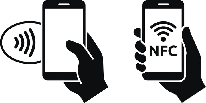 Black and white graphic icons showing a human hand holding a smartphone for mobile payments
