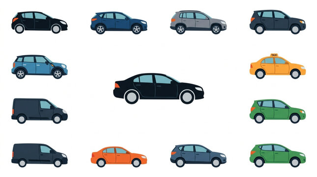Collection of diverse car vehicles in various colors and types.