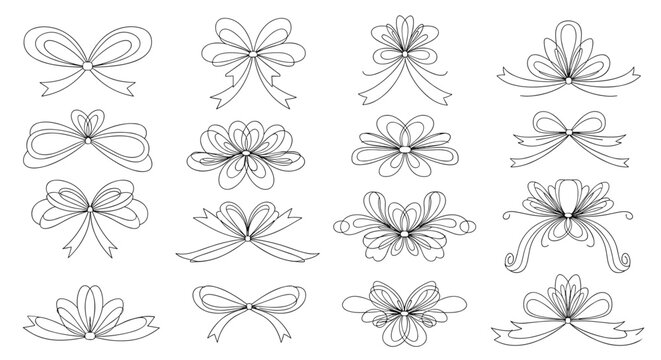 Collection of delicate decorative bow tie illustrations in a sketchy black and white line art style for elegant graphic designs.