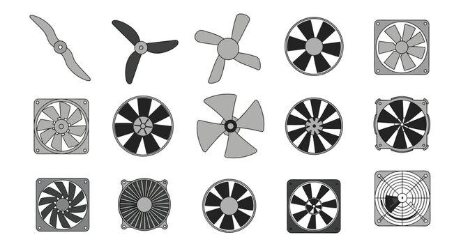 Detailed assortment of mechanical cooling fan and propeller designs with different blade counts and housing shapes.