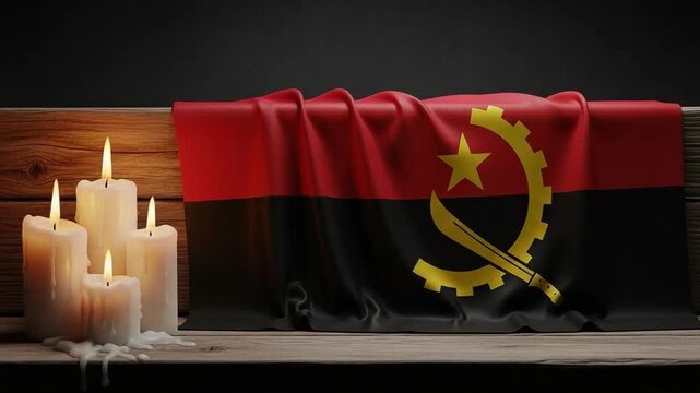 Angolan flag draped over wooden surface with lit candles for national mourning remembrance memorial service and patriotic tribute concept