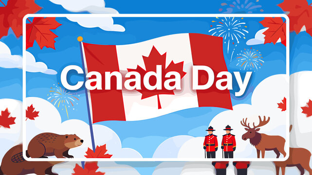 Vibrant illustration celebrating Canada Day with iconic Canadian symbols like the flag, maple leaves, beaver, moose, and Mounties under a festive sky with fireworks.
