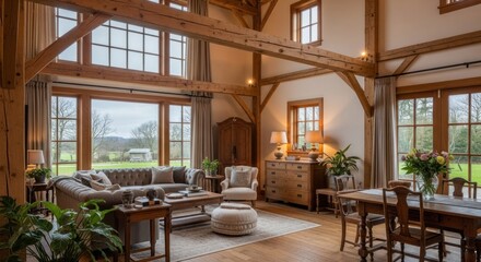 Fototapeta premium Rustic Timber Frame Living Room with Panoramic Countryside Views and Cozy Ambiance
