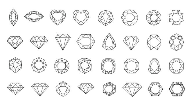Technical outlines of various gemstone and diamond cuts showcasing different geometric facets and luxury jewelry design styles.