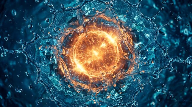 This high speed photograph captures a glowing orange orb submerged within a dynamic blue water splash with intense radiating light