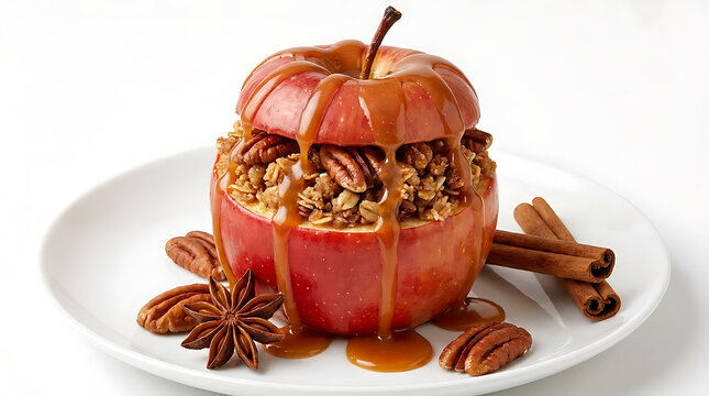 Delicious baked apple filled with oatmeal and nuts, drizzled with caramel sauce on a white plate with cinnamon sticks and star anise isolated on white background