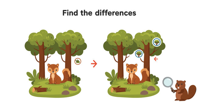Educational find the differences puzzle for children featuring cute squirrels and a beaver in a lush forest landscape with trees.