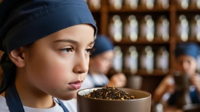 Young girl smelling loose leaf tea in a traditional tea shop, child tea taster exploring aromatic dried herbs, concept of sensory experience and artisanal tea production