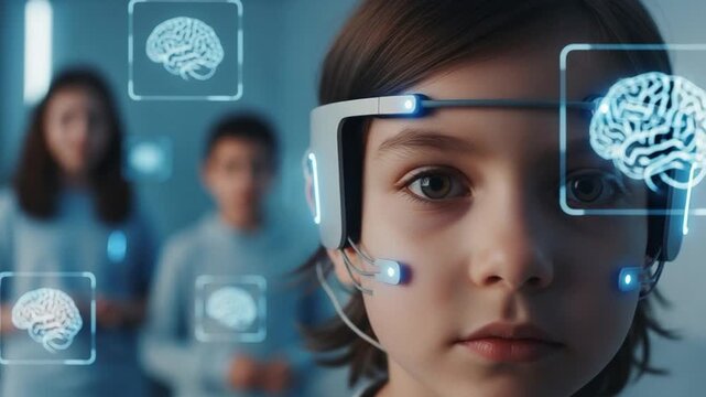 Young girl wearing futuristic brain computer interface headset with holographic brain icons for neurotechnology research and cognitive development concept