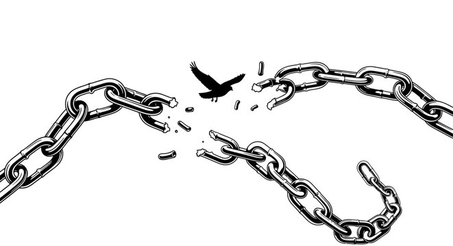 Broken chains with flying bird silhouette representing freedom.