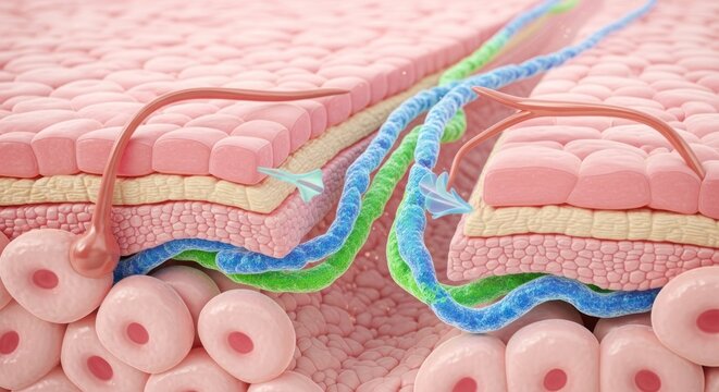 Microscopic view of skin layers with hair follicle and nutrient transport