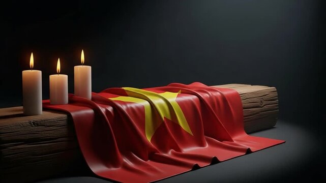 Vietnam flag draped over a wooden coffin with lit candles in a dark somber memorial setting for national mourning or state funeral ceremony