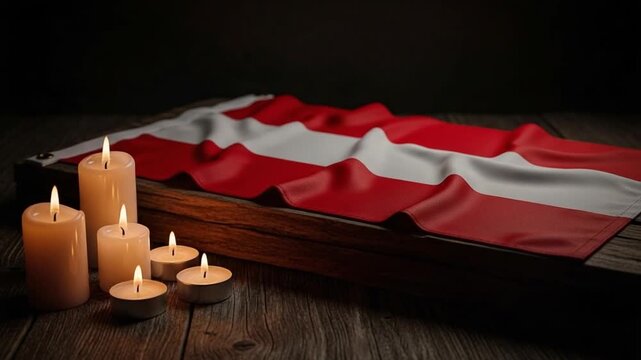 Latvian flag draped over wooden surface with lit candles for memorial service, national mourning concept, remembrance day, patriotic tribute, solemn background