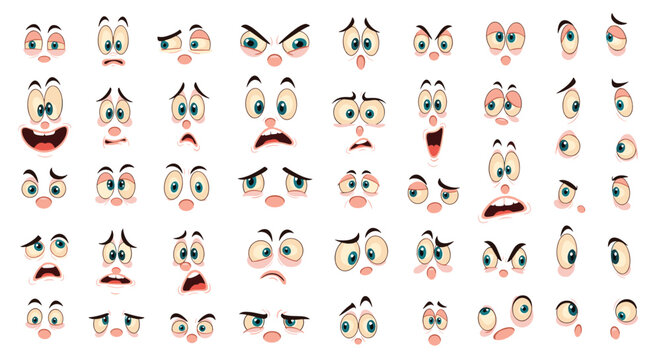 Large collection of expressive cartoon eyes and mouths showing emotions such as happiness sadness anger and surprise for character design.