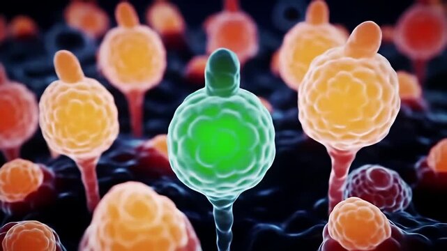 Colorful microscopic view of biological structures with globular shapes and stems