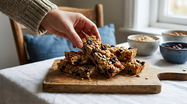 A hand picking up a homemade granola bar from a stack on a wooden cutting board on a table with bowls of ingredients