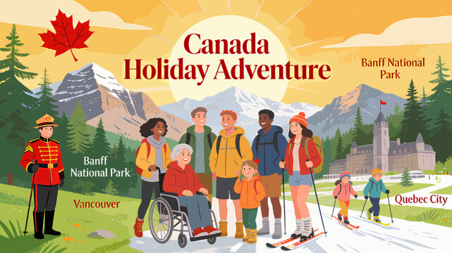 A diverse group of people enjoying a Canada holiday adventure, featuring iconic landscapes like Banff National Park, Vancouver, and Quebec City, with activities such as hiking and skiing.