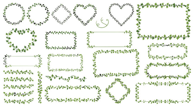 Collection of decorative frames and borders made of green ivy leaves in shapes like hearts circles and rectangles for natural wedding themes.