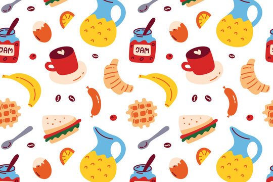 Colorful breakfast seamless pattern, flat cartoon jam jar, latte cup, croissant, banana, waffle, sandwich, sausage, boiled egg, milk jug, groceries doodles. Morning meal and brunch vector illustration
