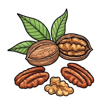 Realistic illustration of whole and shelled nuts with leaves