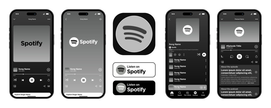 Monochrome dark mode Spotify app interface mockup collection showcasing audio player controls, mobile playlist screens, and minimalist brand identity badges for music streaming presentations.