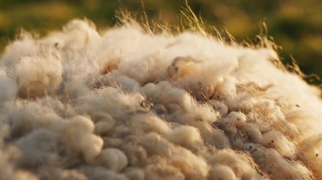 Macro Texture of Thick White Sheep Wool in Golden Hour Sunlight