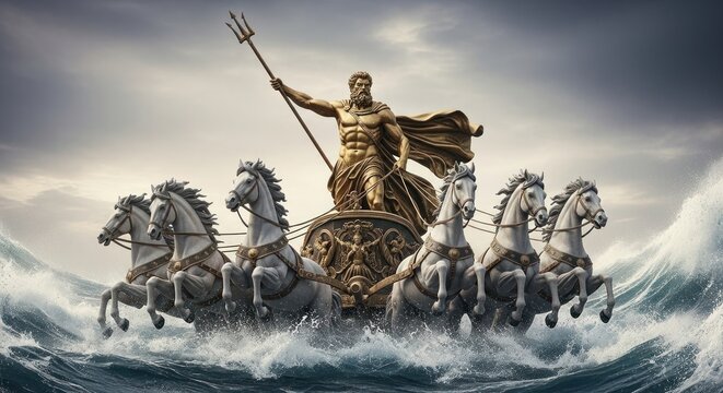 Majestic Golden Statue of Poseidon Riding a Chariot Pulled by White Horses Through Crashing Waves