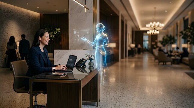 Businesswoman interacting with AI hologram concierge in a hotel lobby