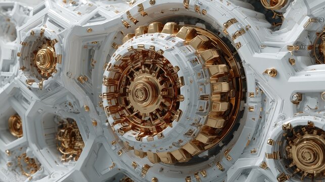 Abstract futuristic mechanical structure featuring intricate white geometric panels and polished gold metallic cogs in a highly detailed industrial concept design