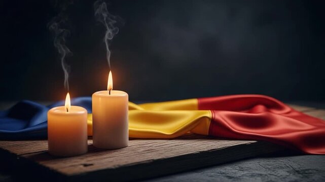 Two lit memorial candles with smoke on wooden table with Romanian flag colors for national mourning remembrance and tragedy tribute concept