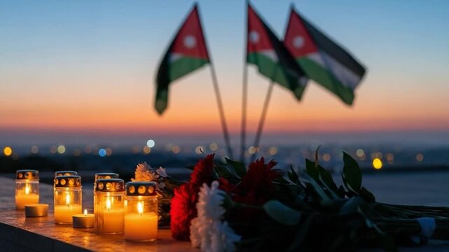 Memorial vigil with candles and flowers at sunset with national flags in background, concept of remembrance, mourning, patriotism, and national tragedy tribute