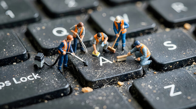 Tiny workers cleaning a dirty computer keyboard with miniature tools and equipment depicting a humorous and industrious scene