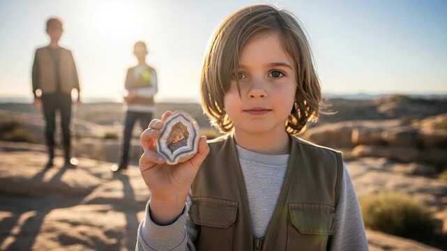 Young boy holding a cracked geode rock in a desert landscape, curious child exploring geology and nature, educational outdoor activity for kids, discovery concept