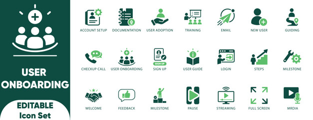 User onboarding icon set. documentation, feedback, guiding, welcome, login, milestone, checklist, training, and solid icons. © ICONYX