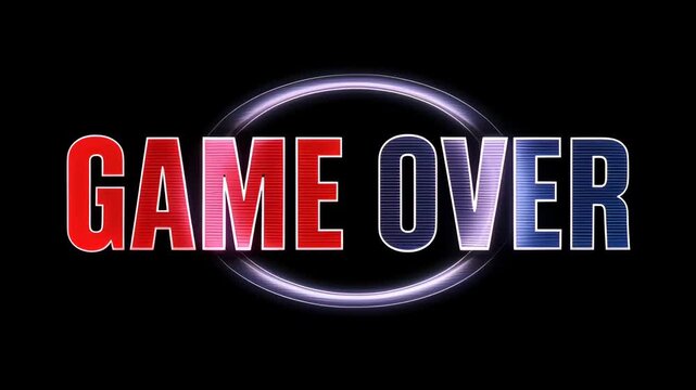 Game Over Glitch Distortion Progress Screen in Glowing Neon Ring Over Dark Background, Retro Arcade Style Failure and Loss Visibility