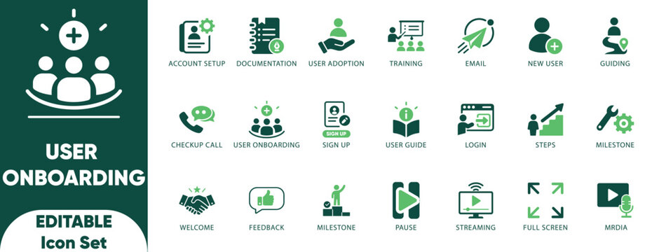 User onboarding icon set. documentation, feedback, guiding, welcome, login, milestone, checklist, training, and solid icons.