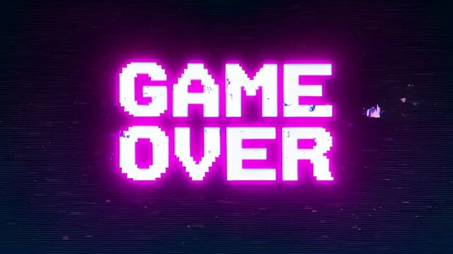 Game Over Glitch Distortion Progress Text Neon Pixel Retro Arcade Dark Background with Glitch Game Over Screen Distortion Progress over Dark Neon Background and Glitch Game Over Text Distortion