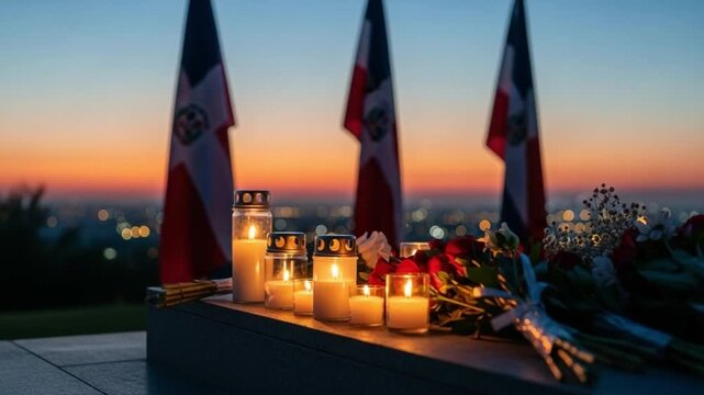 Memorial candles and flowers with national flags at sunset, solemn tribute for national remembrance, patriotic mourning concept, respectful commemoration ceremony, outdoor vigil