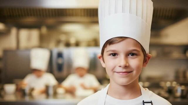 Young boy wearing chef hat in professional kitchen, culinary class for children, aspiring little cook learning cooking skills, childhood education and hobby concept