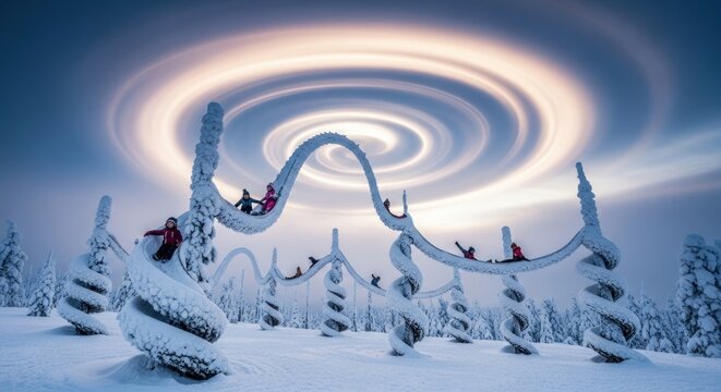Fantastical Winter Playground: Children on a Snowy Spiral Slide Under a Swirling Vortex Sky