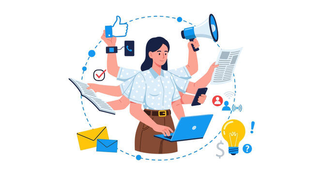 Multitasking businesswoman, office work, digital communication, productivity icons, vector illustration