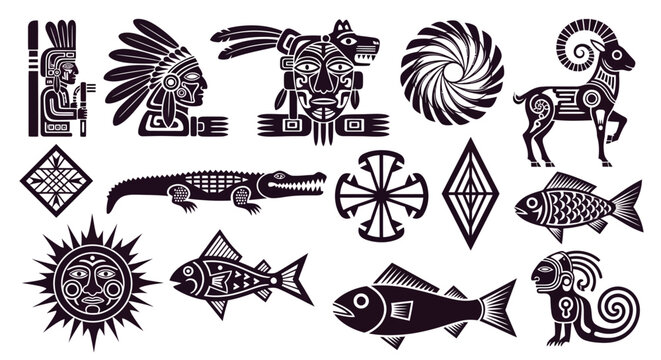 Aztec, tribal, vector icons, 13 black and white symbols