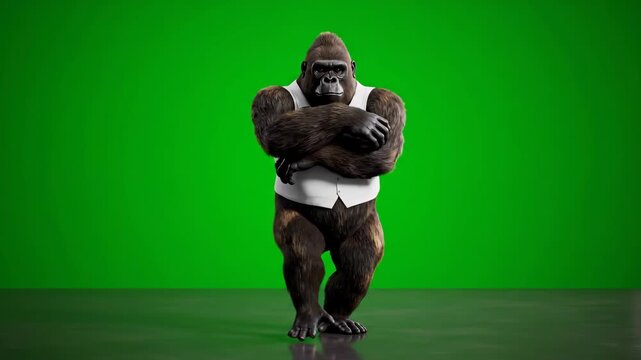 Gorilla in a Vest and Bow Tie Standing Confidently on Green Screen.